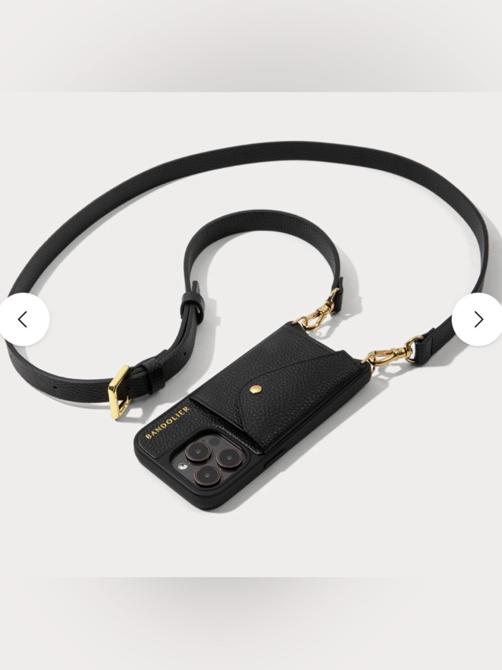 Bandolier Black Leather Crossbody Phone Case with Gold Hardware